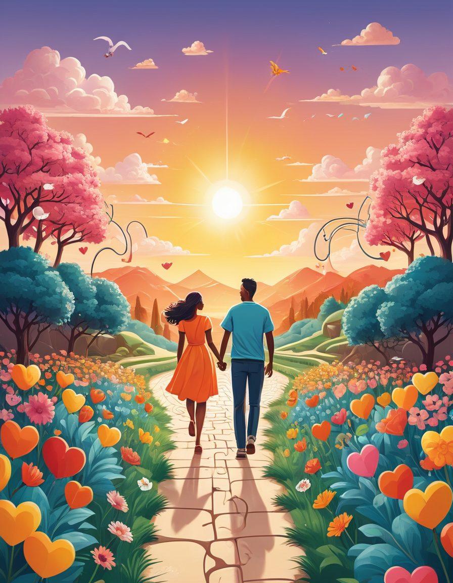 A whimsical illustration of a couple holding hands, cautiously navigating a maze of various insurance symbols like hearts, sports equipment, and playful icons, with a bright sun shining down. The background features a mix of soft clouds and vibrant flowers, symbolizing love and playfulness, while a gentle path leads them forward. The overall tone is cheerful and inviting, encouraging a sense of adventure in choosing insurance. vector art. vibrant colors. sunny atmosphere.