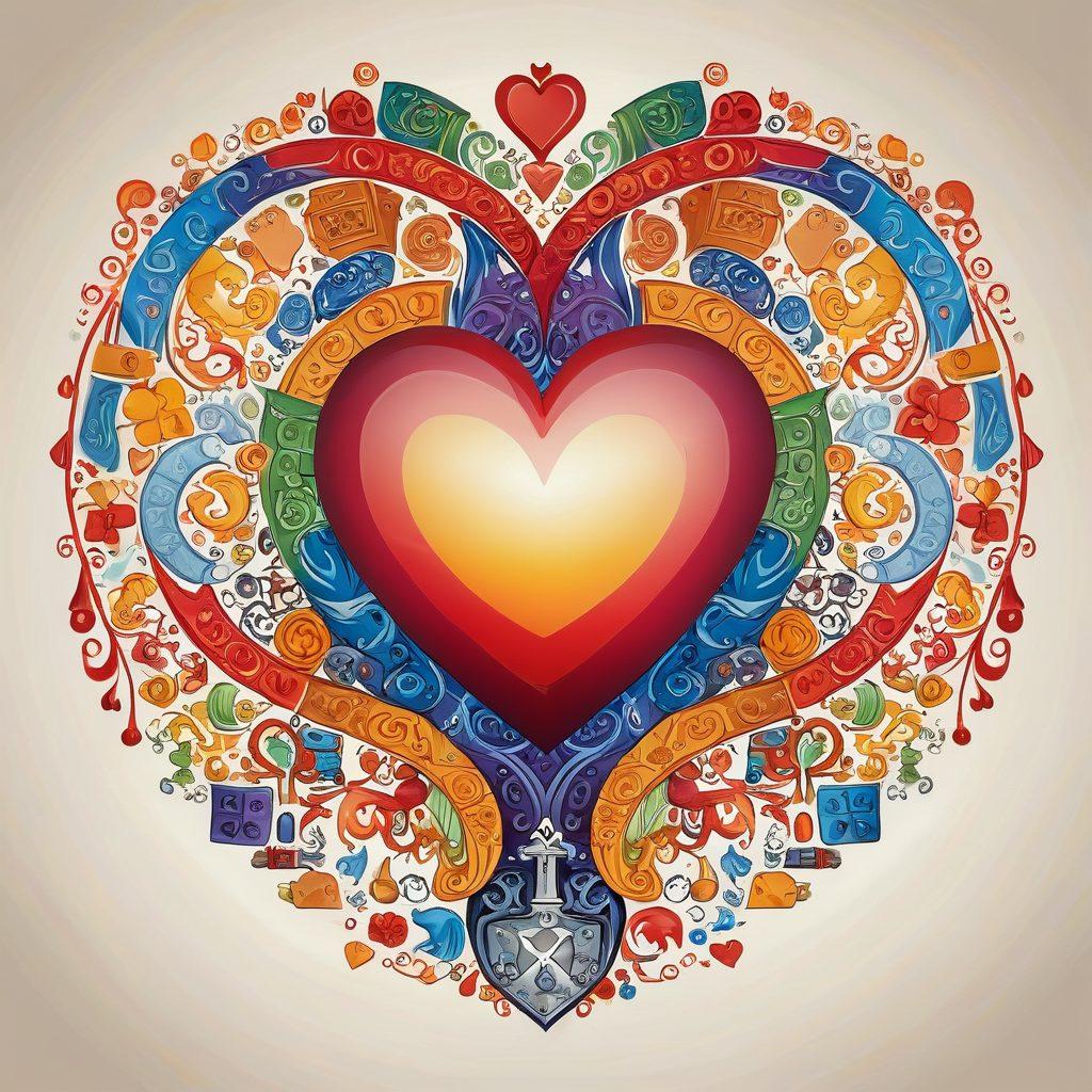 An artistic representation of a heart intertwined with various insurance icons like shields, dollar signs, and policy documents, symbolizing love and protection in relationships. Include a gentle gradient background illustrating different relationship stages, from dating to marriage, alongside elements of strategy games like chess pieces and dice. Enhance the scene with warm, inviting colors and a whimsical style to evoke a sense of care and security. vibrant colors. whimsical art.